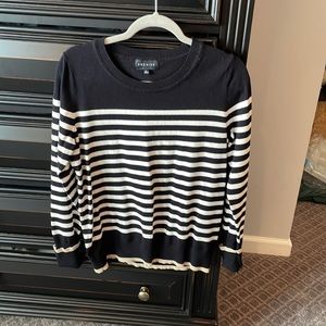 Stripe sweater with metallic gold trim on sleeves and bottom band